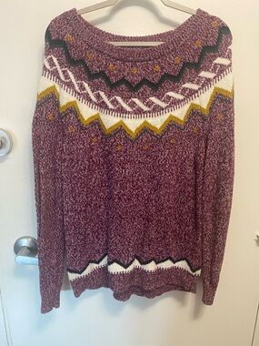 Old Navy Maroon Fair Isle Crewneck Sweater with Mustard & Cream Accents